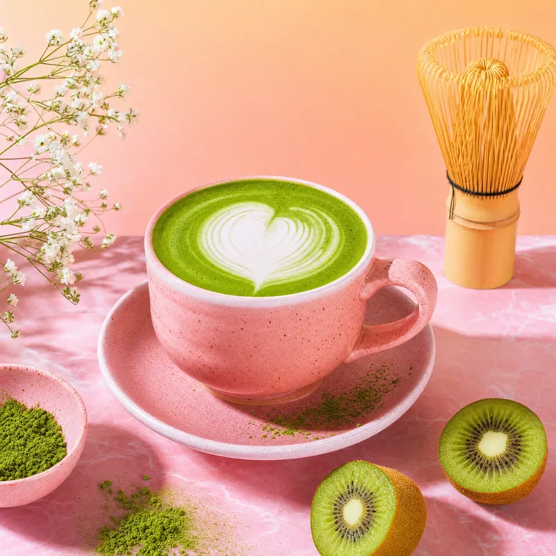 Matcha latte with heart latte art in a pink cup