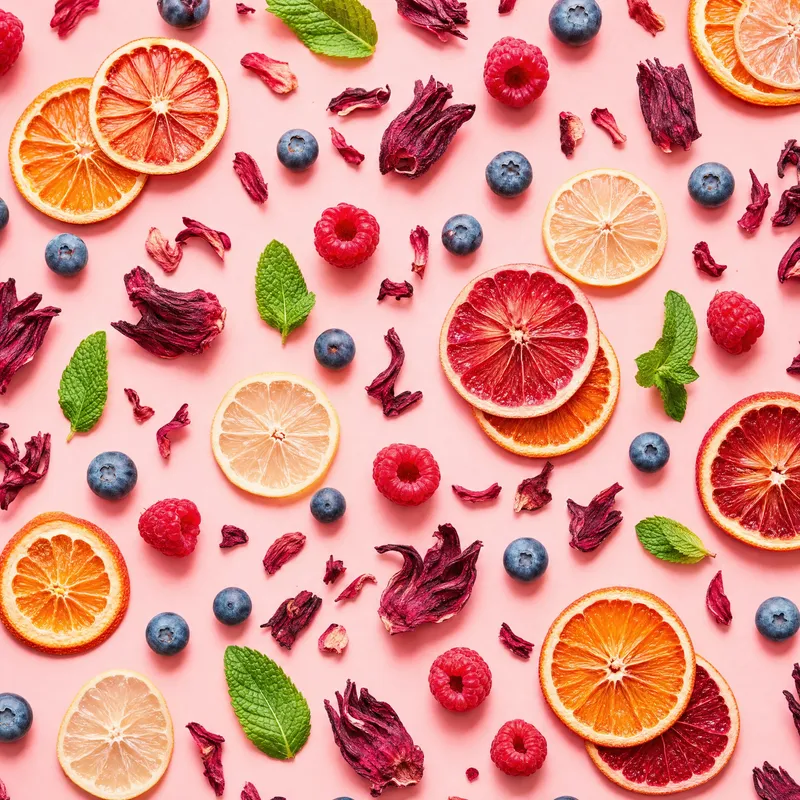 Colourful flat lay of hibiscus, citrus and berries
