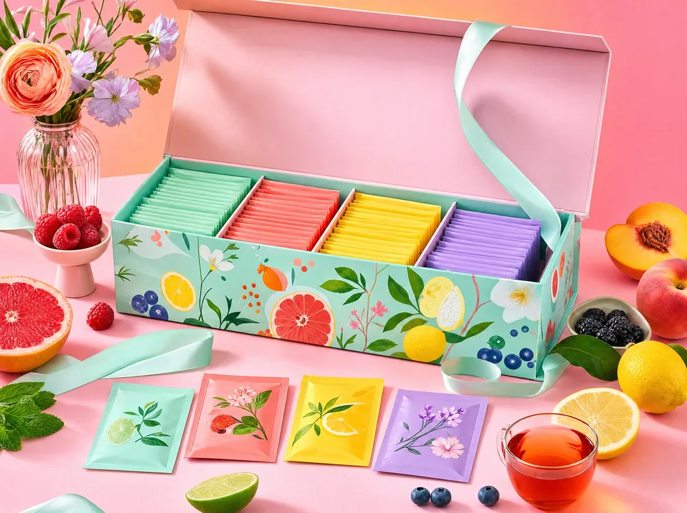 Pastel gift box with colourful tea sachets