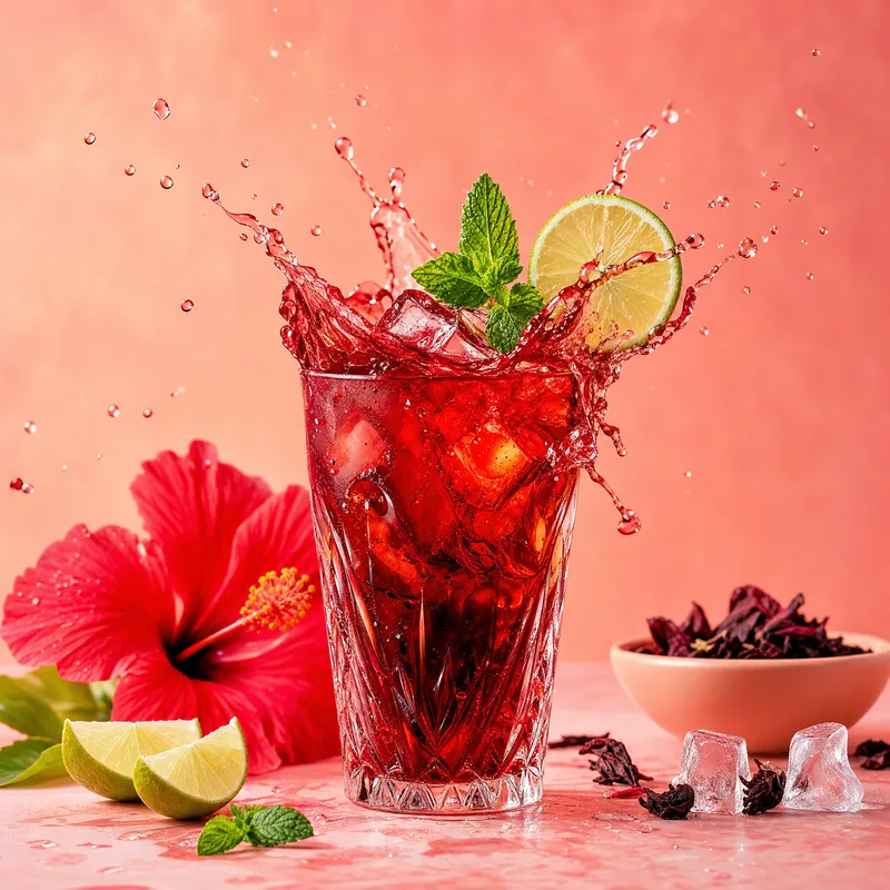 Hibiscus iced tea splash with lime on coral background