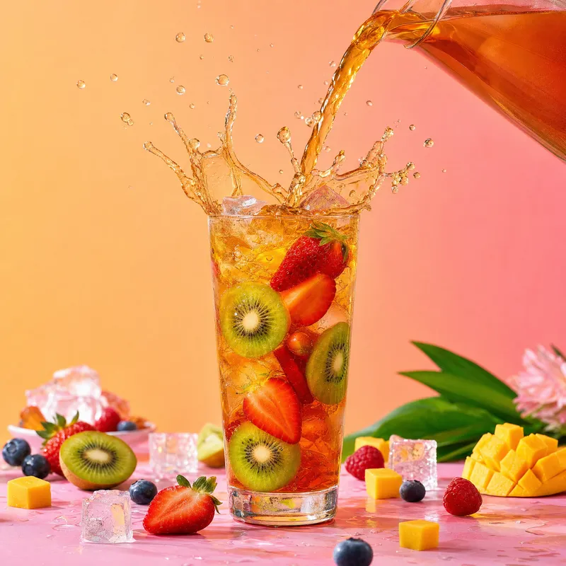 Slow-motion fruit dropping into iced tea with a gentle splash