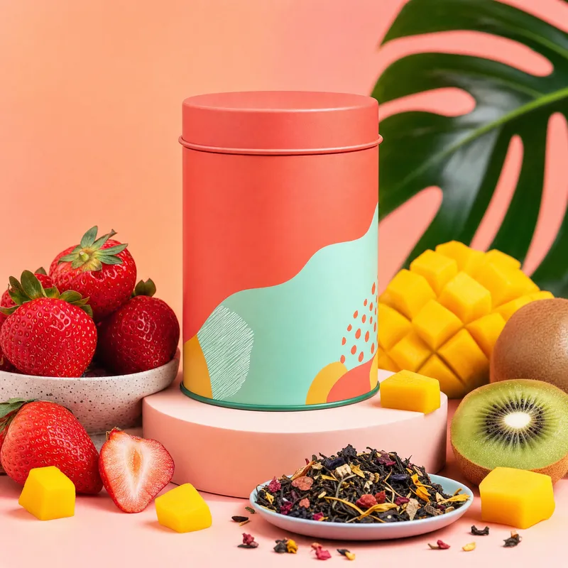 Coral and mint tea tin surrounded by fresh fruit